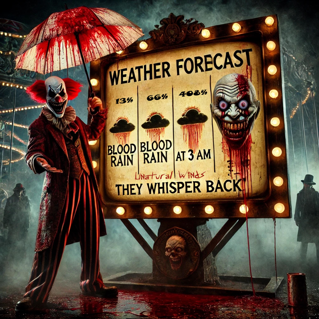 A sinister clown weather announcer stands in front of a flickering forecast board, grinning as he presents eerie weather predictions. The background is shrouded in fog, with blood-red stains splattered across the carnival setting, creating a haunting and unsettling atmosphere.